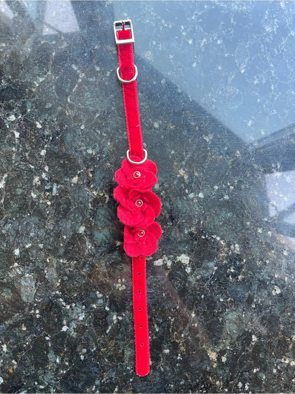 Red Floral Felt Dog Collar with Decorative Gem Accents